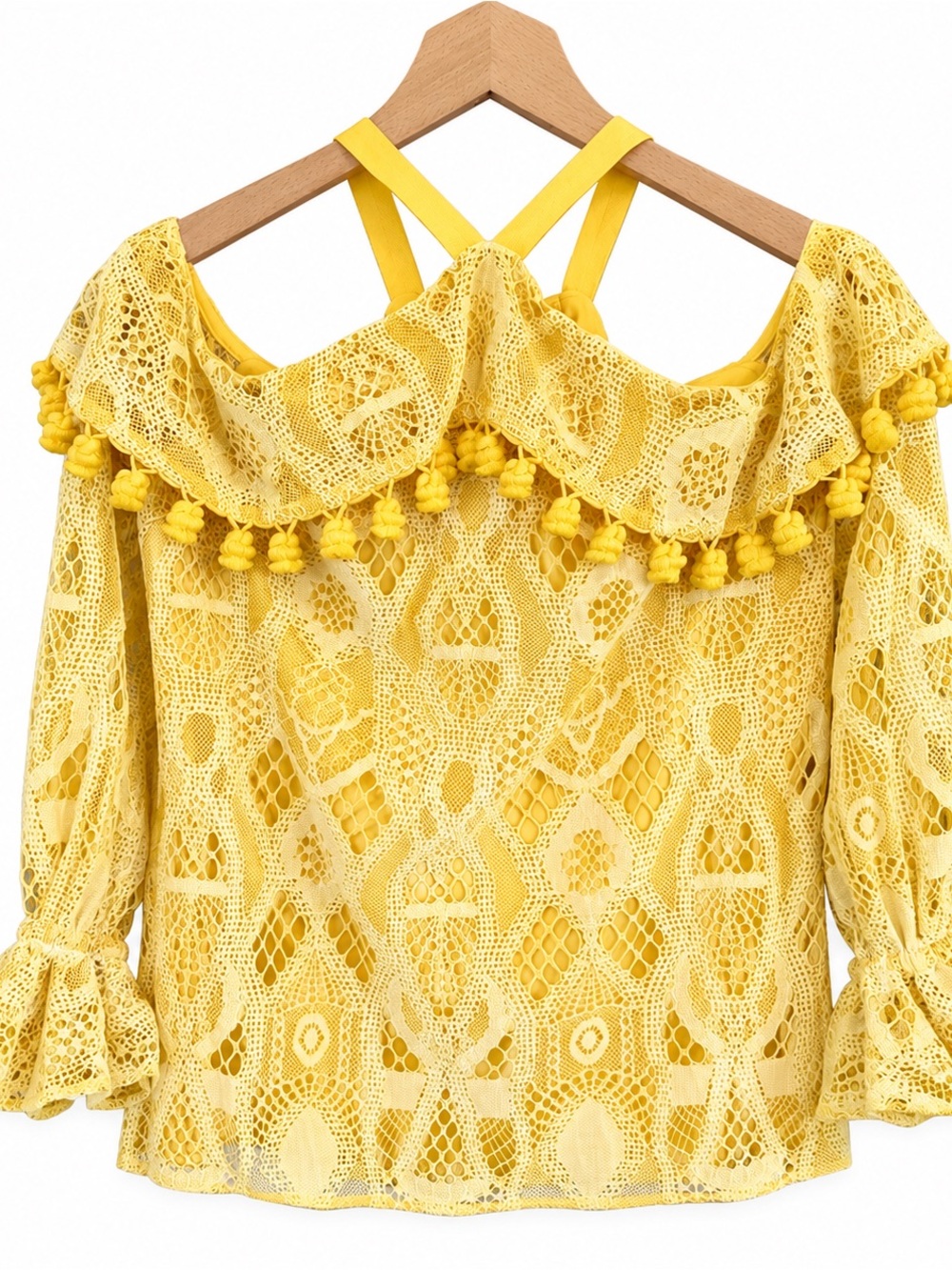 Alexis Yellow Lace Off-Shoulder Pom-Trim Blouse
